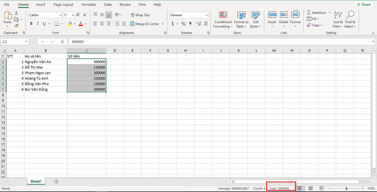 Các công thức tính tổng trong Excel đơn giản 01