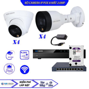Trọn Bộ 8 Camera KBvision IP POE 2.0MP – Thu Tiếng – Có Màu